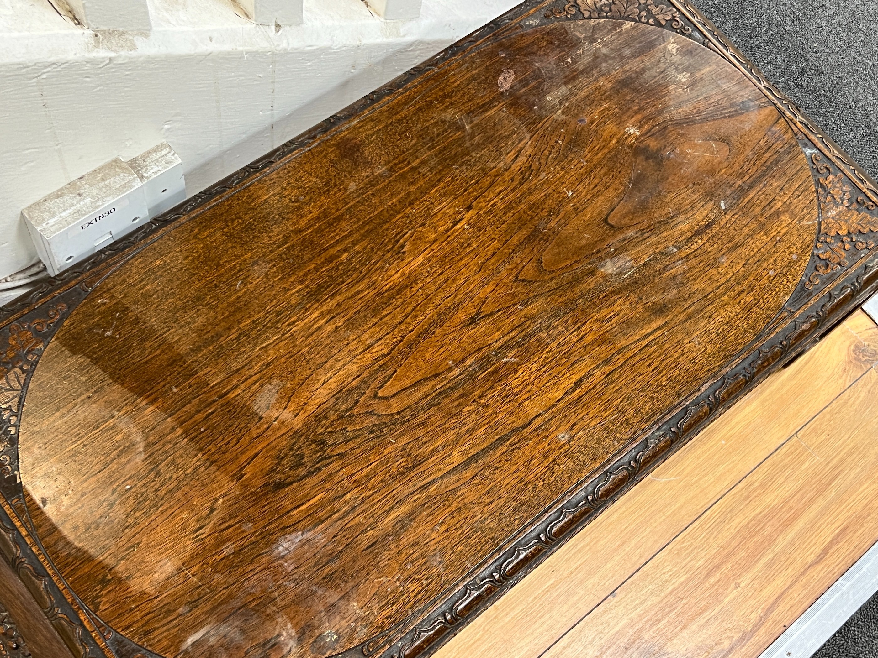 A Chinese carved hardwood low table, length 91cm, depth 41cm, height 27cm